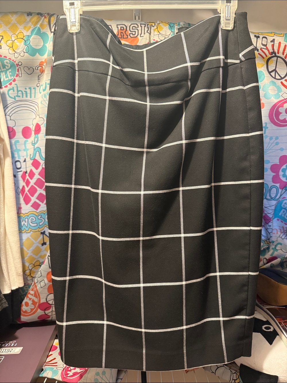 Express Black Windowpane Midi Pencil Skirt